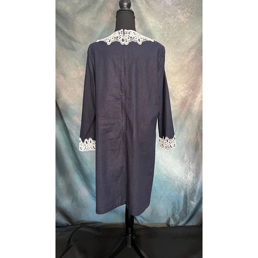 Preston & York Navy Blue Linen Blend Lace Trim Long Sleeve Midi Dress Size 16 - Picture 4 of 5